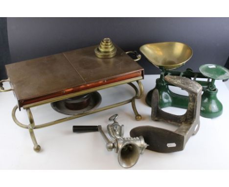 Box of mixed collectables to include vintage kitchen scales and a wrought iron shoe last 