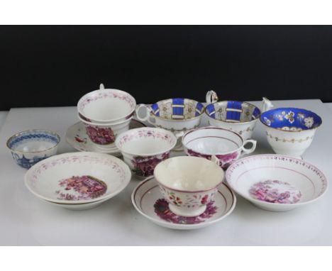 A group of mainly 19th century cups and saucers to include Lustre together with a 19th century blue and white Chinese tea bow