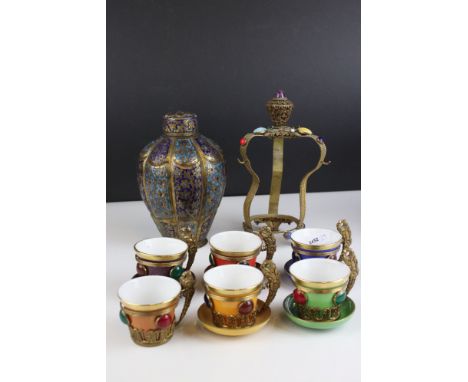 Gilt metal and porcelain coffee set, probably made for the Turkish or Persian market, approx 18cm high, a Kashmiri gilt brass