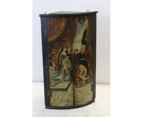 19th century Bow Fronted Hanging Corner Cabinet, the two panel doors hand painted with a scene of a decapitated head being pr