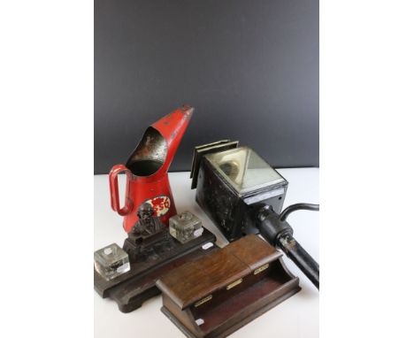 Mixed Lot including Late 19th century Metal ' Shakespeare ' Standish, Oak Desk Standish, Victorian Carriage Lamp and Esso Qua