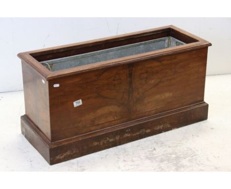 Late 19th / Early 20th century Walnut Inlaid Rectangular Plant Trough / Planter with galvanised liner, raised on a plinth bas