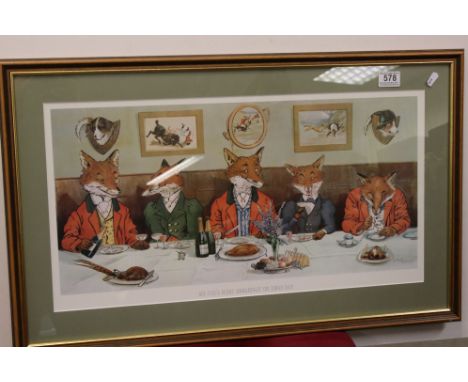 Harry B Nelson, a framed and glazed  humorous print titled Mr Fox Hunt Breakfast On Xmas Day 32 x 62 cm. 