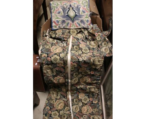 Box of tapestry foliate curtains, together with tie backs and pelmet &amp; a similar cushion 