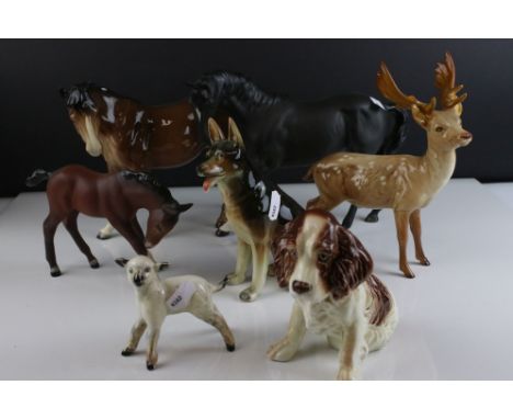 Collection of Ceramic Animals including Three Beswick Horses, Beswick Lamb, Beswick Stag (a/f) and Two other Ceramic Dogs 