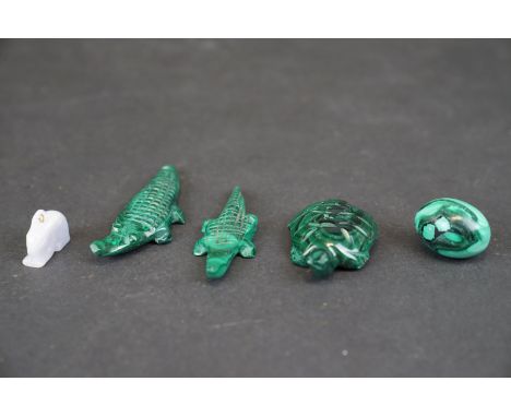 A collection of oriental carved Jade animal figures to include a Turtle and an Aligator. 