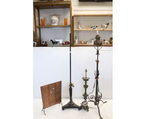 19th century Copper and Iron Standard Oil Lamp (converted to electric) together with 19th century Pole Screen Stand (no panel