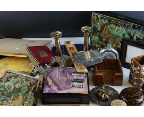 Tray of Mixed Collectable Items including Pair of Brass Candlesticks, Russian Lacquered Box, Playing Cards, Coin Collections,