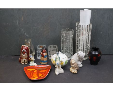 A box of mixed glass and ceramics to include Poole pottery, Beswick and two Frantisk Vizner glass vases. 