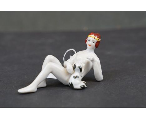 Ceramic pin doll in the form of a lady and a dog 