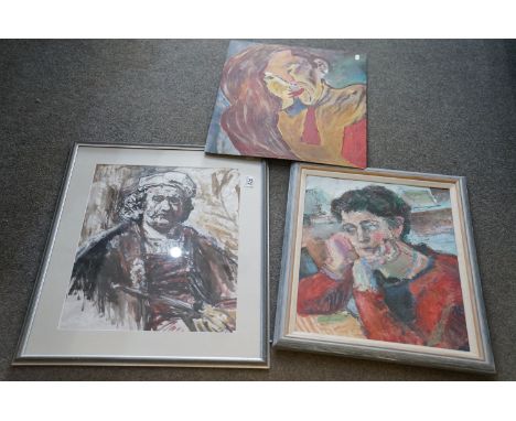 Two Edward Lewis Oil Paintings together with a contemporary portrait of Rembrandt 