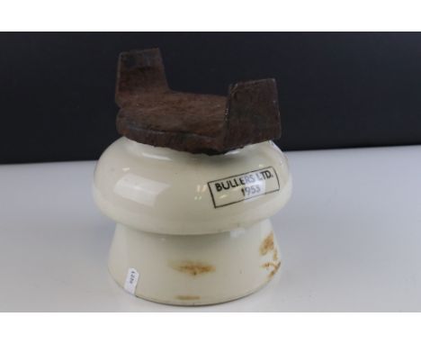 Mid 20th century British Rail ceramic track Electricity conductor with metal rail shoe fitting and marked " BR(S) 100 " and "