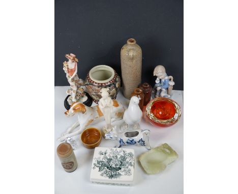 A box of mixed ceramics and glassware to include a NAO dove figurine and a Russian Lomonosov dog ornament. 