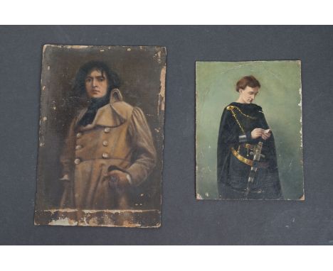 Antique oil painting portrait of actor portraying Henry V believed to Henry Irvin together with similar of a man. in trench c