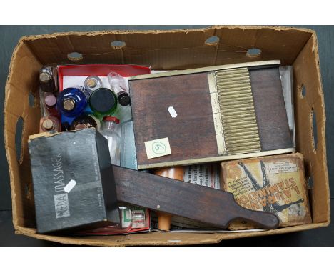 Medical interest A 19th century pill roller in brass and mahogany, two boxed massage aids 1930s, a pill counter and a collect