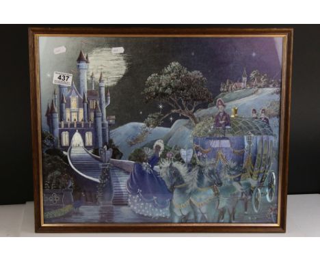 A framed and glazed pearlescent print of a scene from Cinderella. 