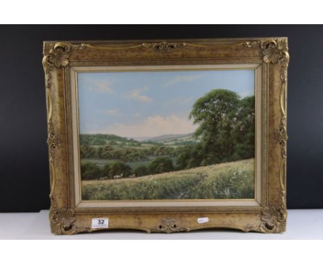 Oil Painting on Canvas of Cattle in a Countryside Landscape, signed lower right David Morgan ?, 40cms x 30cms, gilt framed 