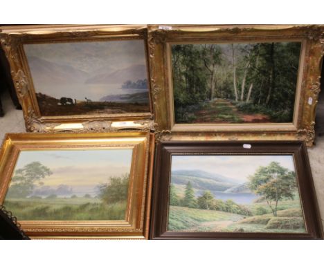 A contemporary oil on canvas, a rural scene morning mist to church to background  a similar woodland scene, one other &amp; a