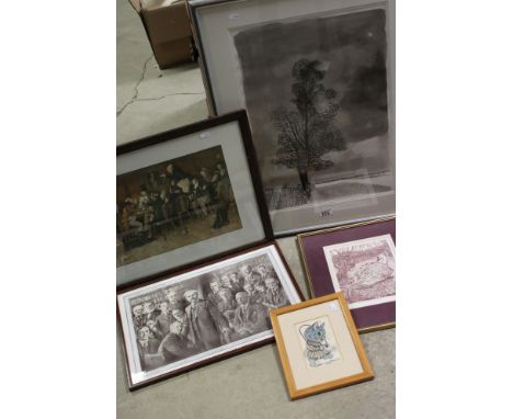 Five Framed and Glazed pictures to include framed and glazed Louis Wain Cat Print, Hanlon Watercolour, Meeting of the Pickwic