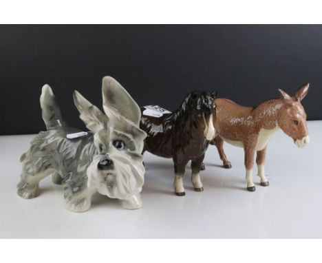 Beswick Woolly Shetland Mare, model 1033, Beswick Donkey and a Ceramic Dog 