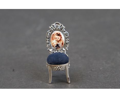 Silver and enamel pincushion in the form of a chair, stamped Sterling 