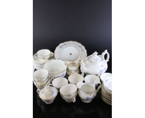 19th century matched Ceramic Tea Set, white body and raised lilac decoration, including teapot, milk jug, sugar bowl, tea cup