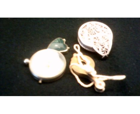 Objet D'art  Filigree Brooch - (white metal - a compass + white metal heart shaped pendant + a brass vintage jeweller’s loupe