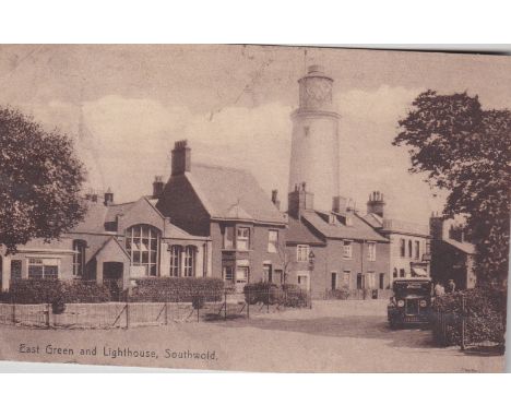 Postcards-Suffolk-Southwold-East Green and Light House – vintage auto, used 1952 one corner crease