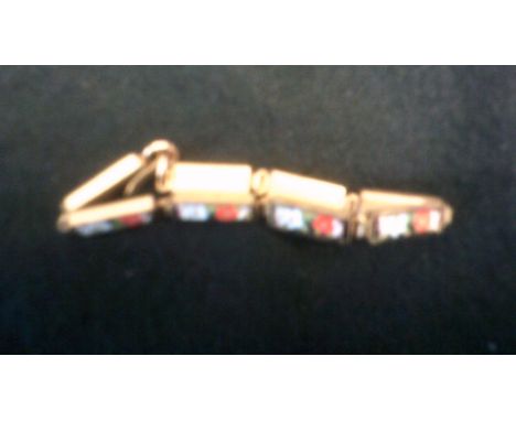 Bracelet-very pretty metal linked bracelet- with very fine inlaid enamel flowers