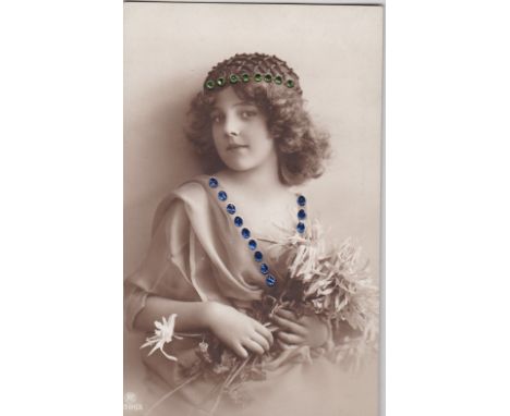 Postcards-Glamour/Novelty-An unusual postcard with blue and green jewellery-inset on a portrait of a young lady