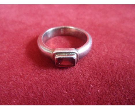 Silver Ring - Plain Bodied silver ring with rectangular red stone-ring size unknown