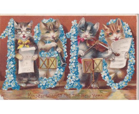 Postcards-Year Date 1910-lovely colour postcard cats playing music insets-used Dec 3, 1909 – corner fault