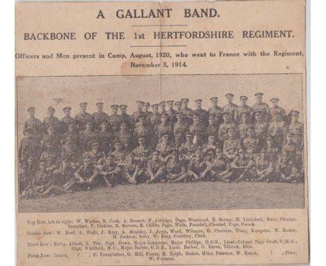 Military 1st Hertfordshire regiment-Newspaper photo ‘Officers and Men present in camp, August 1920, who went to France with t