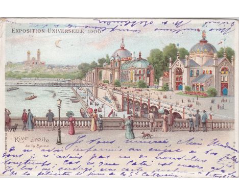 Postcards-1900 Exposition Unvierselle, Hold to Light French postcard, Rive Droite De La Seine used 1900, pub Freres + Zabegn