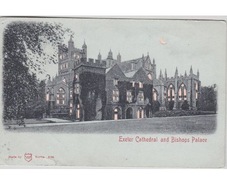Postcards-Exeter Cathedral and Bishop’s Palace 1910 used, Hold to Light postcard pub WH Berlin