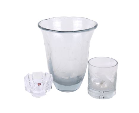 A group of three mid-century glass items (Scandi?). Including two vases engraved with fish and an Orrefors dish. Max. H29cm