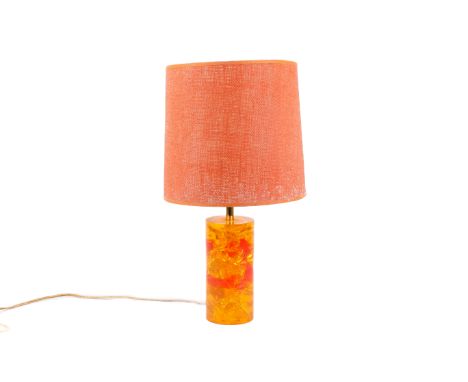 A circa 1970s yellow & orange fractal resin base table lamp. Having an orange hessian shade. H46cm