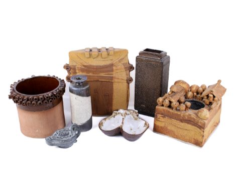 A collection of seven late 20th century studio art pottery items. Including vases and a 'roman' oil lamp, etc. Max. H27cm