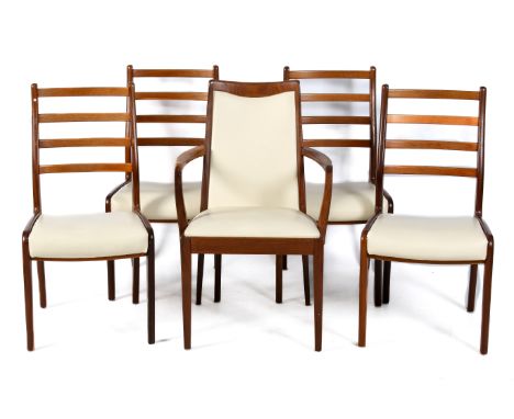 Five G-plan teak ladderback dining chairs. With G Plan label.  - Four and One carver (5) Teak framed with contrasting lighter