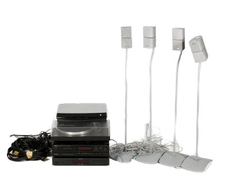 A group of Hi-Fi stereo separates. Comprising Linn Basik turntable, Rotel and Denon separates and Bose Lifestyle console with