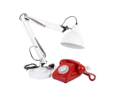 Vintage red plastic rotary dial telephone and a multi poise desk lamp. 