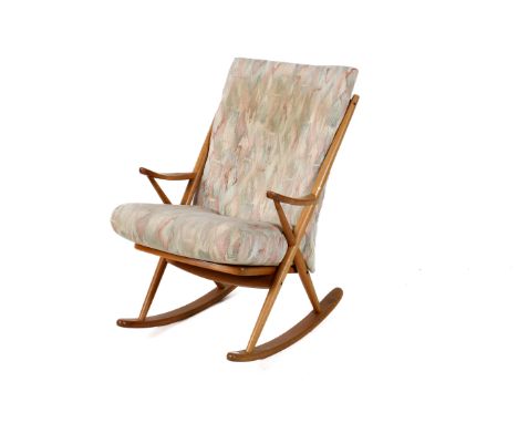Model 182 1960's period Danish teak rocking chair by Frank Reenskaug for Bramin. With removable padded upholstered seats fact