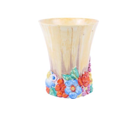 Clarice Cliff Bizarre 'My Garden' trumpet vase. With relief moulded flowers and foliage picked out in bright enamel colours b