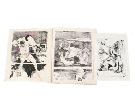 Three signed limited edition 'wrestling' themed lithograph prints. Indistinct signature. Max. 75cm x 88cm