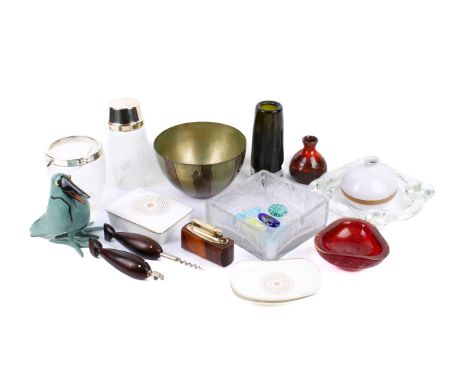 A collection of assorted mid-century glass, pottery items. Including a pair of Wedgwood dishes, a Mylflam table lighter and n