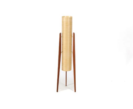 A circa 1970s 'Rocket' floor lamp. Standing on a teak tripod the base shade of fibreglass construction. Height 113cm W28cm D2
