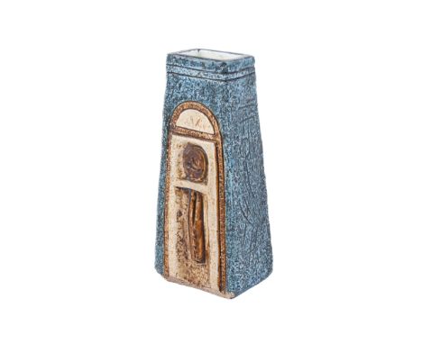 Troika art pottery chimney vase. Of tapering chimney form with incised and impressed decoration stylized figure and arch to t