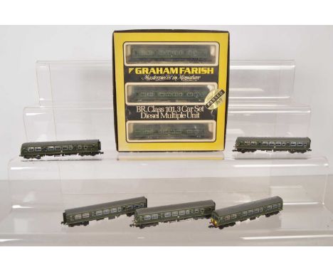 Graham Farish by Bachmann N Gauge BR Diesel Multiple Units (6), a boxed set, 8143 three car Class 101 DMU, together with anot