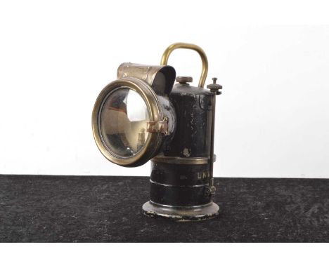 LNWR Lucas Lamp King of the Road Railway Hand Lamp,  black painted brass and metal, carbide lamp with loop handle, marked LNW