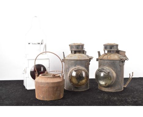 Railway Lamps and Glue Pot (4),   white repainted BR lamp with loop handle of square form, central red lense and two clear sm